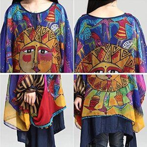 Women's Printed Bat-wing Sleeve Chiffon Bohemian Dress Blue Tunic